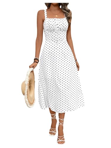 Floerns Women's Polka Dots Square Neck Tank Dress Ruched Bust Knot A Line Midi Dresses