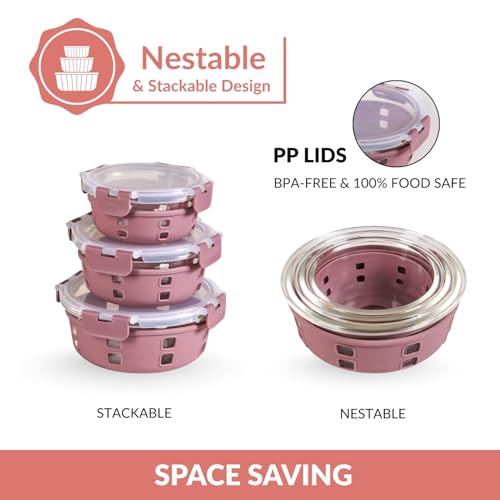 Image of Nestasia Gripso Glass Containers Set of 3 (400ml, 600ml, 950ml) with Silicone Sleeve & Locking Lid, Microwave, Dishwasher & Freezer Safe Round Food Storage Containers (Mauve)