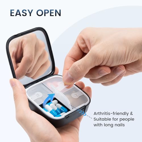 Image of Betife Travel Pill Organizer for Purse, Small Cute Pill Box with Mirror, 4 Large Compartment Pill Case, Waterproof Medicine Container, Portable Faux Leather Vitamin Case BPA-Free (Classic Black)