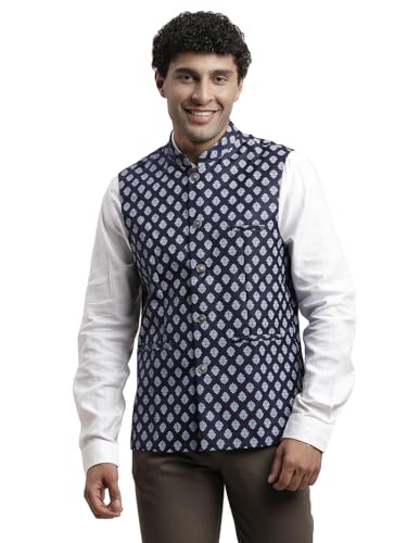 Image of Turtle Men Poly Cotton Blue Printed Party Nehru Jacket