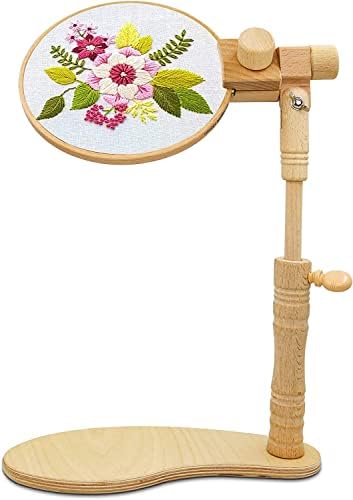 Adjustable Embroidery Hoop Stand, Beech Wooden Cross Stitch Holder, Embroidery Lap Stand for Needlework, Tabletop Seat Frame Stand for Embroidery and Cross Stitch