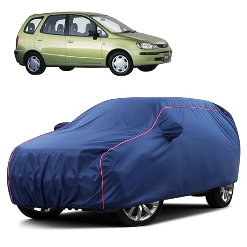Image of Sulfar 100% Water Resistant Car Body Cover Compatible with Mirror for Toyota Spacio (Triple Stitched, Full Bottom Elastic, Blue Taffeta with Red Piping)