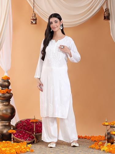 Image of POSHAK CHIKAN STUDIO Women's Hand Embroidered Lucknowi Chikankari Rayon Co-ord Set