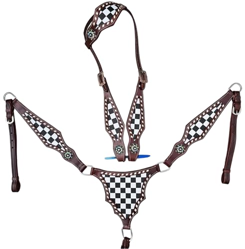Western Tack Set Horse - Black and White Checkered Gladiator Design | Headstall and Breast Collar | Leather Horse Riding Tack for Barrel Racing, Rodeo & Show