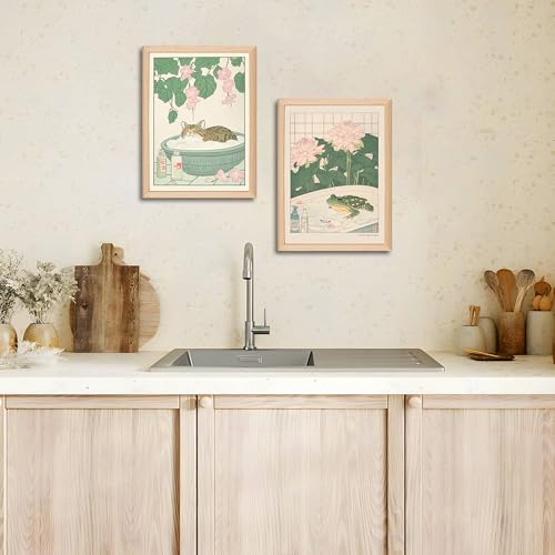 Set of 2 Japanese Bathroom Wall Art Framed Canvas with Cats & Frogs, Wooden Frame, Abstract Nature Poster Prints for Bathroom Decor, Minimalist Zen Painting Art for Home & Spa (12" W*16" H*2piece) - Image 5