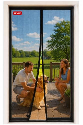 Image of Magnetic Closure Screen Door for 39 inchx83 inch French Door Sliding Door Pet and Dog Friendly, Durable Fiberglass Mesh Double Door Screen Mesh Retractable Curtain, Keep Bugs. Mosquito Out, Fly Screen