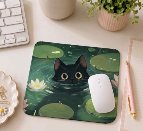 Image of Mouse Pad for Laptop & Desktop | 9x7 Inch Anti-Fray Stitched Edges | Non-Slip Rubber Base | Desk Setup Accessory for Students, Gamers & Professionals (Cat in Pond)