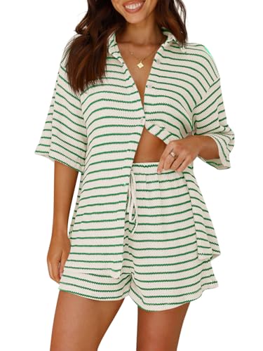 Image of Tankaneo Womens Striped 2 Piece Sets Short Sleeve Lounge Set | Button Down, Waffle Knit, Pajama Lounge Set, Summer Outfits