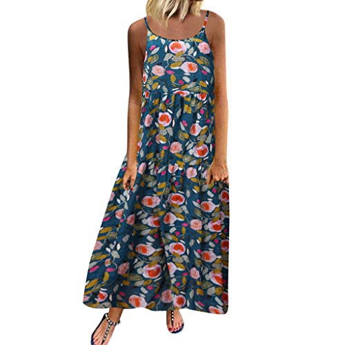 Sunnywill Women Dress, Deals! Women Plus Size Casual Loose Sleeveless Boho Retro Linen Print Long Maxi Dress Womens Comfortable Durable Sweater Dress Evening Party Dress Blue