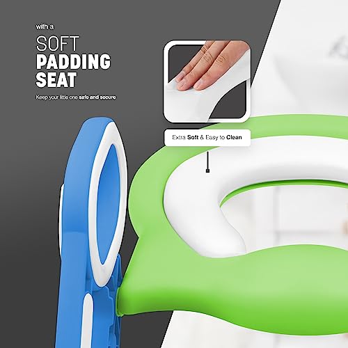 Keplin - Fully Adjustable Kids Potty Training Seat with Step Stool - Soft Padded Seat - Universal Fit for V/U/O-Shaped Toilets - Ages 1-14 - Easy to Assemble & Fold (Green and Blue)
