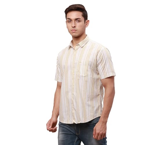 Image of Park Avenue Men's Pure Cotton Chambray Pattern Slim Fit Ainsley Collar Half Sleeve Casual Shirt