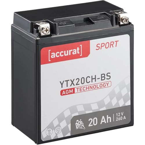 Accurat Motorradbatterie YTX20CH-BS - 12V, 20Ah, 260A, rüttelfest, wartungsfrei - Starterbatterie, AGM Batterie in Erstausrüsterqualität für Rasentraktor, Roller, Motorrad, Quad