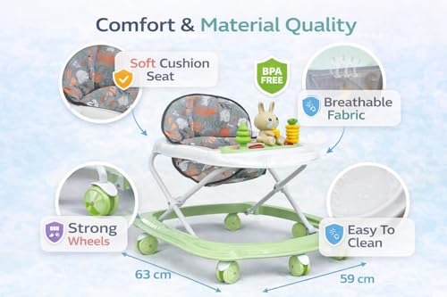 Image of Baby Activity Walker with Push Handle & Toy Tray | Adjustable Height, 360 Wheels, Cushioned Seat | Baby Walker for 6-18 Months (Rabbit Green)