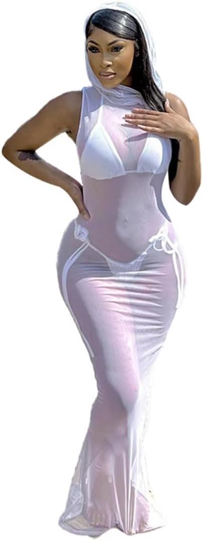 3 Piece Swimsuit Bathing Suit for Women Sexy Halter Bikini Sets with Sleeveless Sheer Mesh Maxi Cover Up Dress