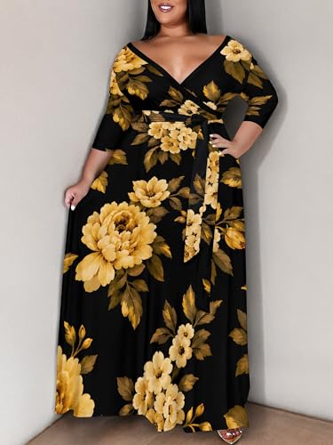 Image of PinkPatty Women's Plus Size Maxi Dress Print 3 /4 Sleeves V Neck Party Sundress Wedding Guest Dresses