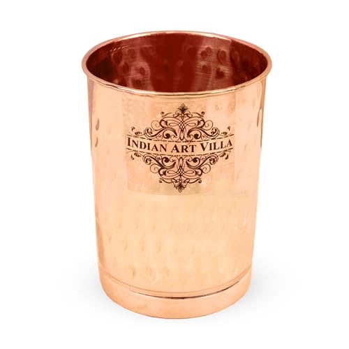 Image of INDIAN ART VILLA Pure Copper Plain Glass with Hammered Design, Drinking Serving Water, Yoga Ayurveda, Volume-300 ml, Pack of 2