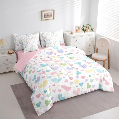 Image of Erosebridal Cute Heart Queen Comforter Set 7 Piece Valentine Love Heart Comforter Set Rainbow Hand Drawn Style Bedding Sets for Kids Girls Cartoon Geometric Sheet Set with Comforter