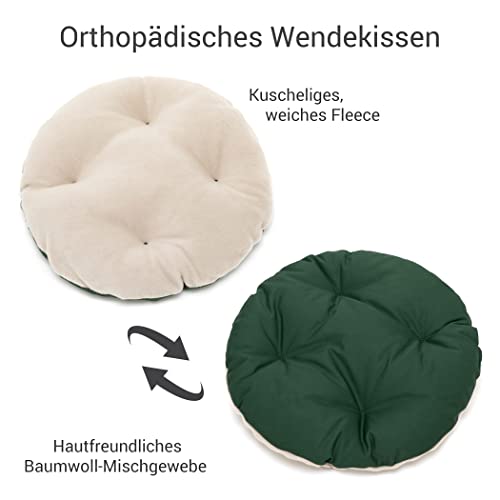 Doctor Bark - Hundebett rund - kuscheliger Hundekorb kleine Hunde mit orthopädischem Wendekissen und ToyBone - Waschbar bis 95°C - Made in Germany (S - 40x35 cm, Grün/Beige)