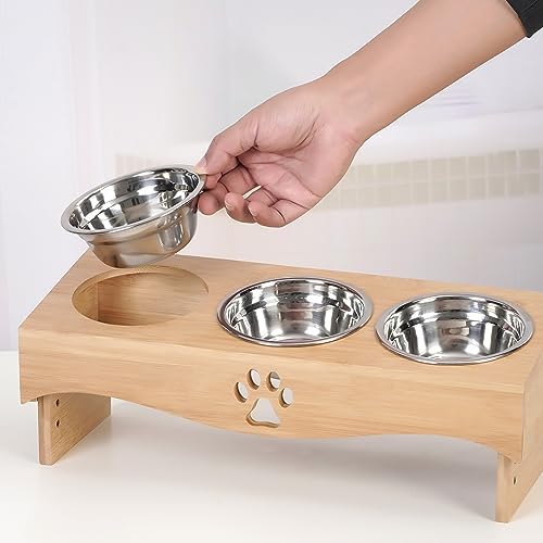 JUJOYBD Katzennapf 3er Set - Erhöhter Futternapf mit 3 Edelstahlnäpfen, 15° Neigung Ergonomische Futterstation für Katzen und kleine Hunde