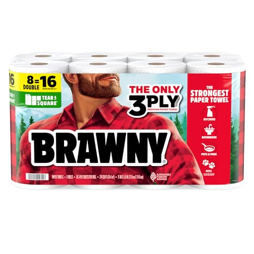 Image of Brawny Tear-A-Square 3-Ply Paper Towels, 8 Double Rolls = 16 Regular Rolls, Strong, Absorbent, and Durable with 3 Sheet Sizes (Quarter, Half, Full)