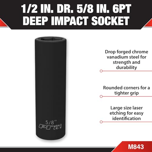 Image of Performance Tool M843 1 /2 Drive Impact Socket, 5 /8 - Chrome Vanadium, 6 Point Deep Steel Socket for Heavy Duty Automotive and DIY Applications