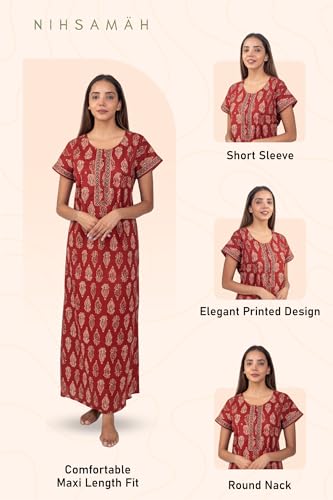 Image of NIHSAMAH Cotton Nighty for Women with Pocket, Premium Printed Long Nighty | Comfortable & Fancy Sleepwear /Nightwear