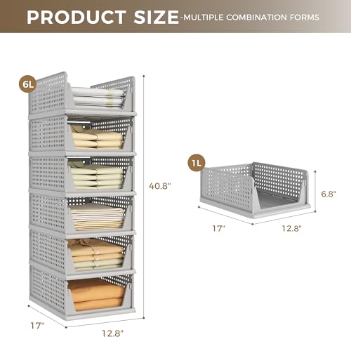 Image of Pinkpum Grey 6 Pack Closet Organizers Storage Bins, Stackable Plastic Drawer Basket for Clothing, Stackable Storage Bins Shelf Storage Container for Closet Wardrobe Bedroom Bathroom Office