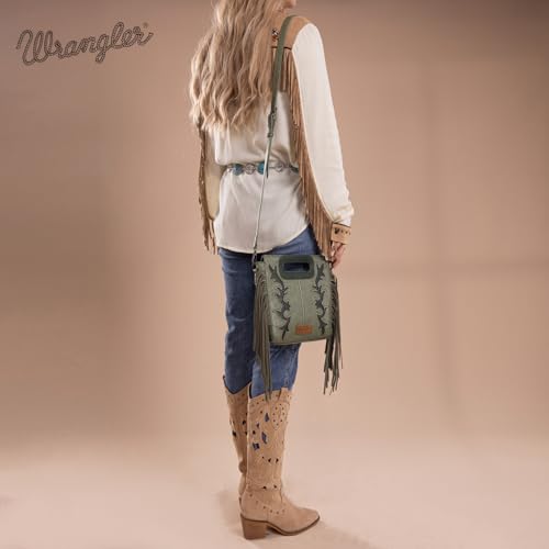 Image of Wrangler Western Handbag for Women Crossbody Bag Top Handle Shoulder Bag Embossed Cowgirl Fringe Purse