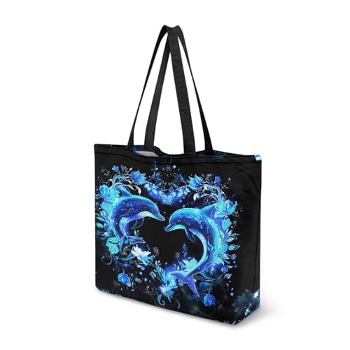Image of Dngkaoje Neon Blue Dolphin Print Canvas Tote Bags for Women Girls Cute Shoulder Handbags for School,Animals Dolphin Foldable Heavy Duty Shopping Tote Bags Women Canvas Handbag for Work