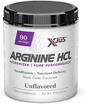 Xjus Arginine-HCl, Increase Blood and Oxygen Flow, Micronized for Fast Absorption, Vegan Friendly, No Filler Ingredients, 90 Servings