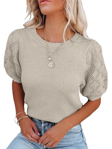 CFLHN Women's Short Sleeve Sweater Tops Lightweight Soft Puff Sleeve Knit Top Dressy Casual, Apricot, XL