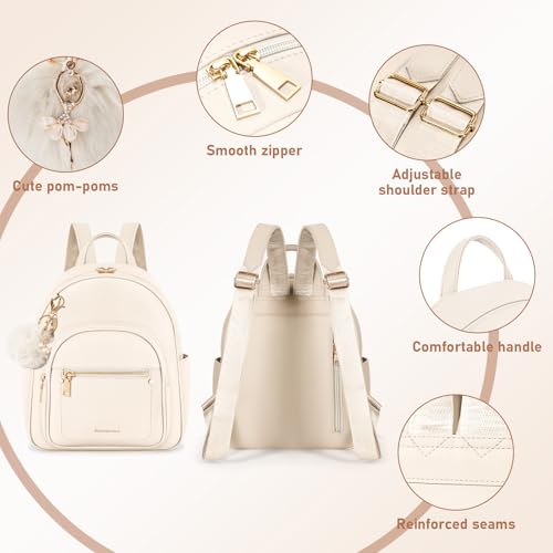 RAINSMORE Mini Backpacks Purse for Women PU Leather Small Backpack with Cute Pom Light Weight Small Waterproof Backpack Purses Daily Backpacks for Work University TravelBeige by RAINSMORE - Image 3