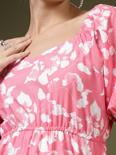 Image of OOMPH! Below Knee Shift Pink Dress in Crepe Fabric with Round Neck and Puff Sleeves - md619l