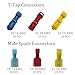 bskkw 120Pcs T-Tap Wire Connectors, Quick Splice Self-Stripping Electrical Terminals with Nylon Insulated Male Spade Disconnects, AWG 22-10 Wire Connector Kit for Automotive Marine Industrial Wiring
