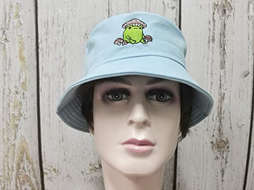 Frog With Mushroom Hat Cottagecore Embroidered Bucket Hats, Light Blue Summer Travel Unisex Embroidery Beach Sun Hat Outdoor Fisherman Cap #TOP4
