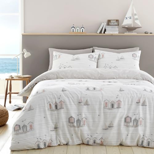 Fusion - Housse de Couette Nautique Naturelle - Lit Double (200x200 cm) - Réversible (2 Motifs) - Bord de mer/Bateau à Voile - Literie Blanche et Naturelle,...
