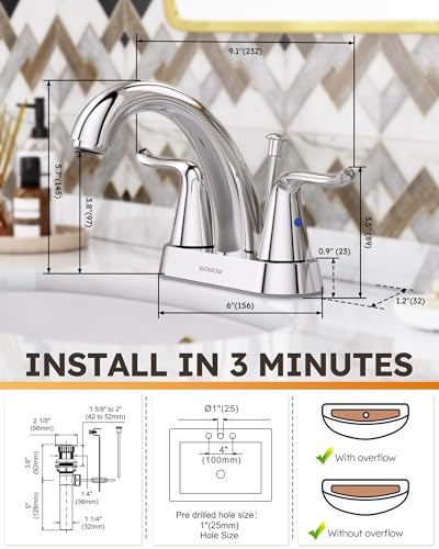 WOWOW Bathroom Faucet 2 Handle 4 Inch Centerset Bathroom Sink Faucet Lead-Free Basin Mixer Tap Lift Rod Drain Stopper, Two-Handle Center-Set Lavatory Faucet Chrome - image 7