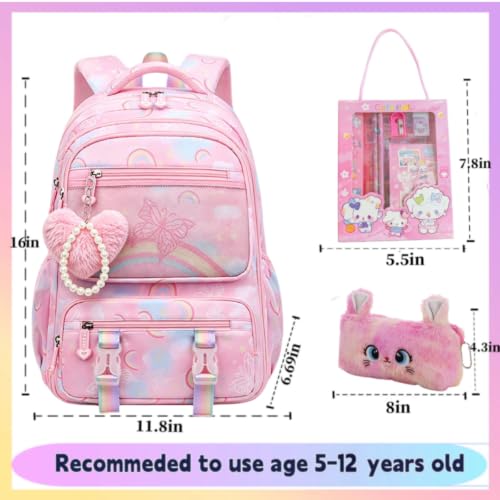 Image of Kids Backpack for Girls.Girls Backpack,School Bag for Kids.GirlsTeens Middle Student,Kawaii Children's Book Bag Rainbow Butterfly pink