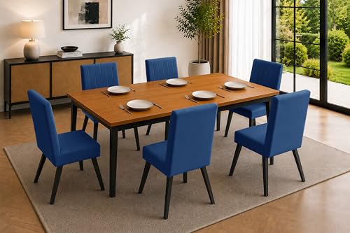 Image of Rosebell 6 Seater Dining Table Set with Cushioned Chairs | Modern Dining Table for Home, Dining Room & Kitchen | Black Metal Legs | Blue