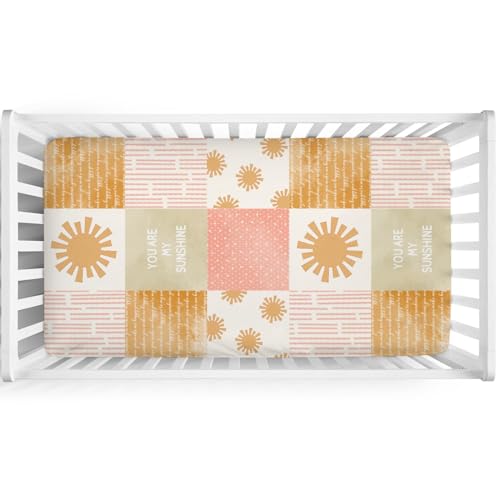 Image of Colorful Boho Sun Baby Crib Sheet 52''x28'' Cute Sunshine Stripes Stretchy Fitted Mattress Sheets for Boy Girl Letters Quote Nursery Toddler Bed Sheets for Standard and Toddler Mattress