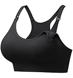 Angelhood Nursing Sports Bras for Breastfeeding, Ribbed Support Maternity Bra Wireless Seamless Sleep Bralette for Pregnancy Black