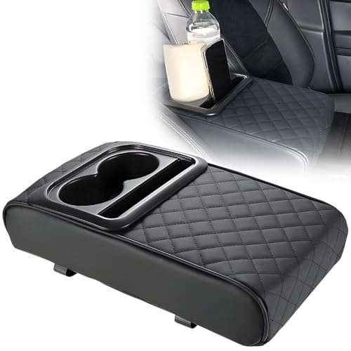 Auto Armlehnenkastenschutz Armlehnenbox für Fahrzeuge 35x21x7.5cm PU-Leder Autoarmlehnenkissen mit Becherhalter und Elastisches Band Universalarmlehne für Autos SUVs und LKW
