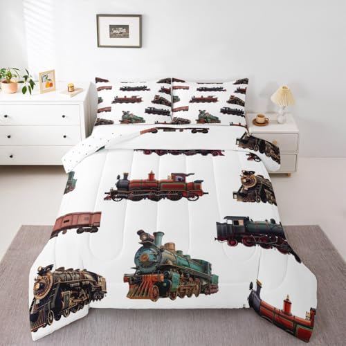 Feelyou Vintage Train Bedding Set for Kids Boys Retro Steam Engine Print Comforter Toddler Size Bedroom Decor Retro Steam Locomotive Train Print White Quilt Duvet 2 Pieces