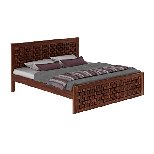Image of WOODLAB Furniture Sheesham Wood Queen Size Bed Without Storage and with Headboard | Wooden Double Size Bed Cot Palang for Bedroom Living Room Wooden Double Cot Palang Bed (Honey Finish)