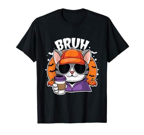 Bruh Cute Halloween Cat In Ghost Costume Drinking Coffee Camiseta