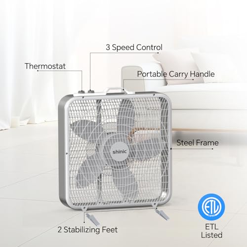 Image of shinic 20 inch Box Fan with Thermostat, 3-Speed Metal Frame Window Box Fan with Carry Handle & Non-Slip Feet, Auto Temperature Control Cooling Fan for Bedroom, Garage, Home Office, Basement