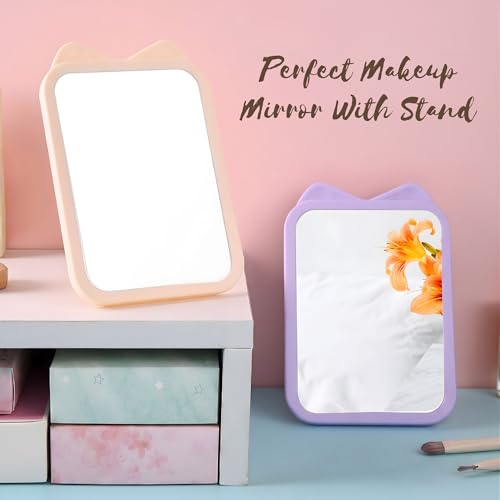 Image of Countertop Rectangle Cosmetic Mirror with Stand Bathroom Shaving Make Up Mirrors,Portable Folding Travel Mirror for Travel Camping Home (Blue - 1Pcs)