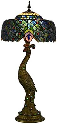 LITFAD 1 Head Peacock Desk Light Brass Hand-Crafted Glass Task Light Stained Glass Shade Bedside Table Lamp for Reading Room Office Bedroom