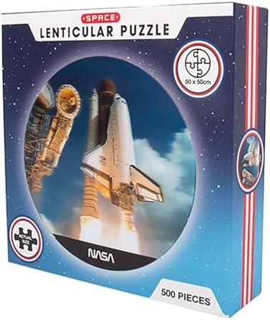 NASA Lenticular Puzzle. 500 Piece NASA Inspired Space Shuttle 3D Lenticular Jigsaw Puzzle. Circular Shaped with Moving 3D Effect. NASA Inspired Merchandise from Fizz Creations.