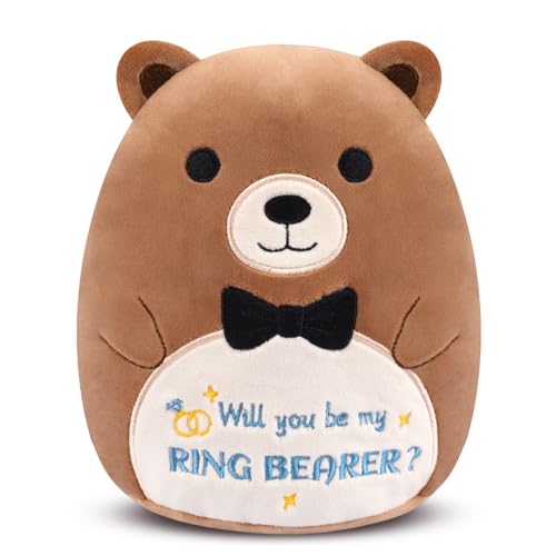 Teddy Bear Stuffed Animal - Will You Be My Ring Bearer,Cute Brown Ring Bearer Bear Plush Toy for Boy, Ring Bearer Proposal Gifts from Bride Groom for Wedding Proposal Anniversary Party